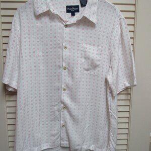 Nat Nast Mens L White Rayon Button Shirt Circle Print Beach Travel Resortwear